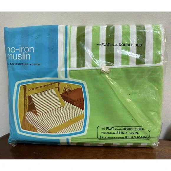 Vintage No Iron Muslin Full Flat Sheet Bright Retro Green Made in USA NEW NOS