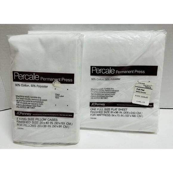 Vtg JC Penney Percale Permanent Press Full Flat Sheet King Pillowcases NEW NOS