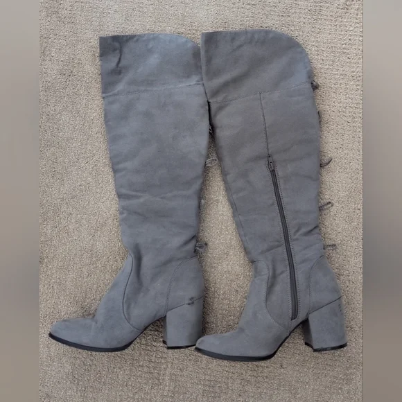 Charming Charlie Tall Bow Back Detail Grey Suede Heeled Boots