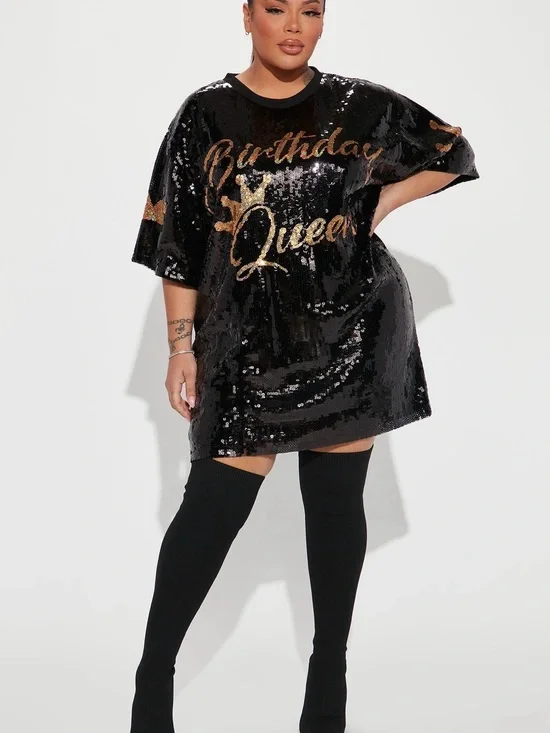 Fashion Nova Black Sequin 'Birthday Queen' Tunic with Gold Lettering