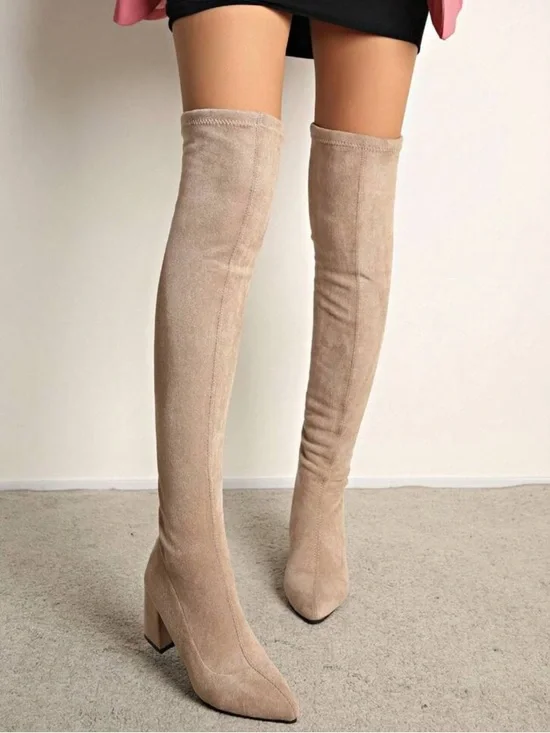 Beige Over-The-Knee Suede Boots – Chunky Heel Thigh High Boots - 9.5