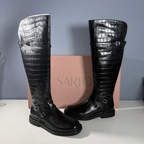SARTO by Franco Sarto Ainsley Black Croc Embossed Leather Knee High Boots Size 9