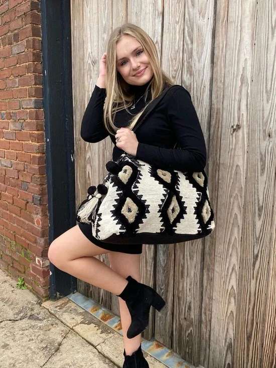 Boho Woven Black and Cream Weekender with Tassel Accents