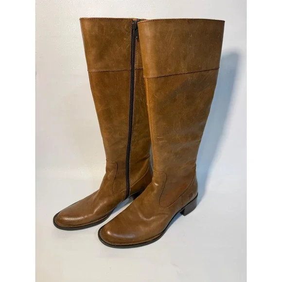 Born Boots‎ Women's 7.5 Leather Knee High Tan Brown Side Zip Block Heel