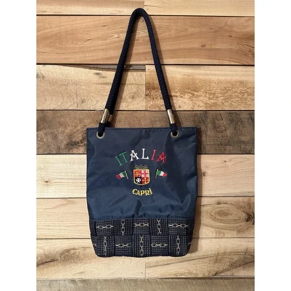 Vintage Italia Capri Navy Blue Nylon Women's Tote Handbag Embroidered Nautical