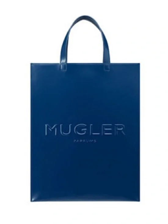 Mugler Deep Blue Leather Embossed Logo Tote