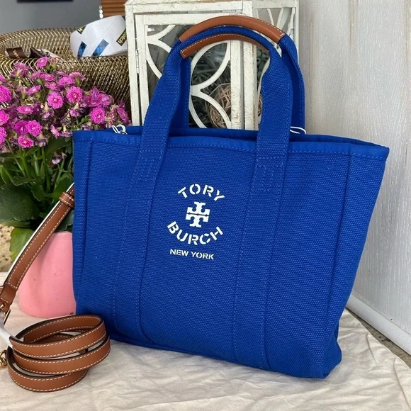 NWT Tory Burch canvas Tote, blue Dahlia, MSRP $349