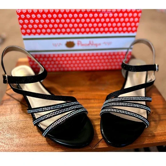 Pandaninija Girls Black Glitter Rhinestone Low Heel Sandals Size 6‎ NWB