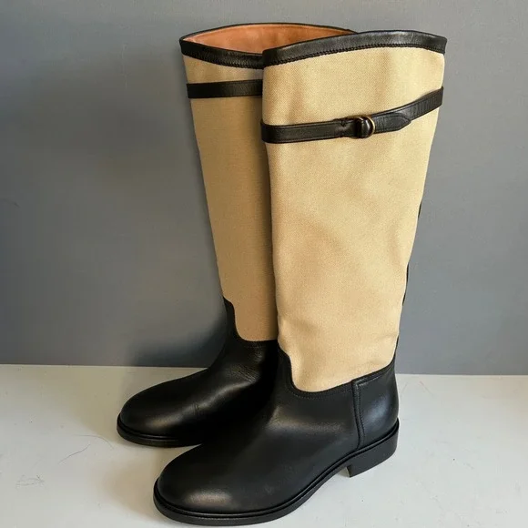 Polo Ralph Lauren Tall Riding Boots Women's 10B Black Leather Two-tone Tan NEW