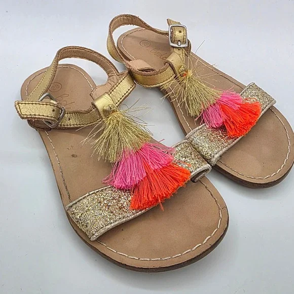 Mini Boden Girls Gold Glitter Tassel Sandals Size EU 28 Metallic Pink Orange