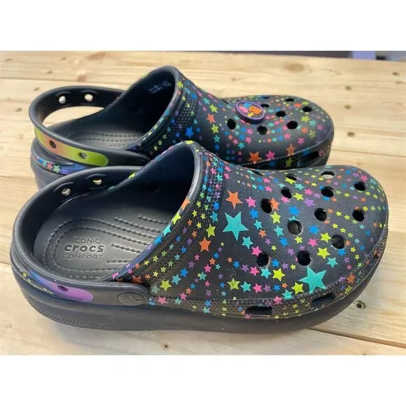 Crocs Cutie Crush Disco Dance Party Platform Clogs Kids Black‎ Multi Stars 6