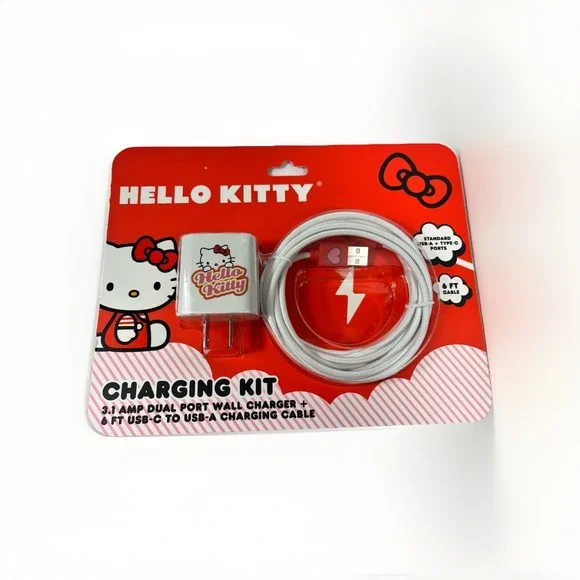Hello Kitty by Sanrio 6ft USB Red Charging Cable Dual Port Wall Charger Kit