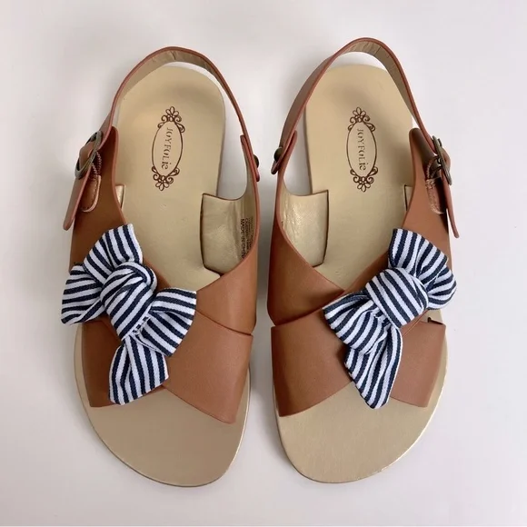 Joyfolie | Striped Bow Criss Cross Sandal Brown With Navy White Bow | Girls 2.