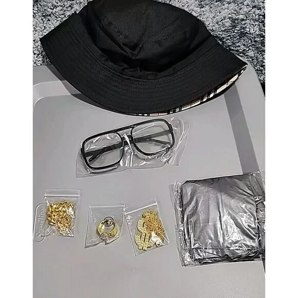 NEW Hip Hop Singer Costume Accessories Set Designer Hat Goldtone Jewelry Glasses