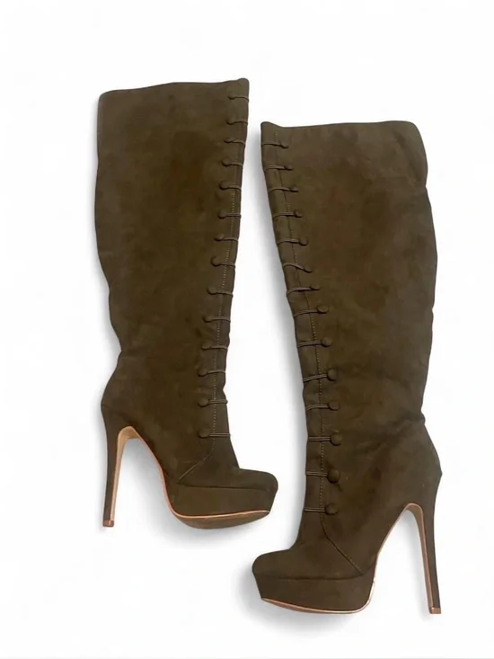 Women's Olive Suede Over-the-Knee Platform Boots Witchy Fairycore