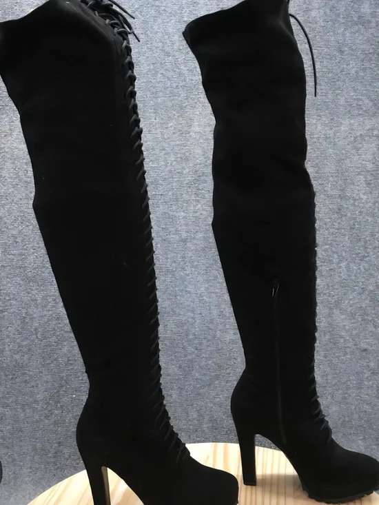 JustFab Black Over-the-Knee Lace-Up Heeled Boots
