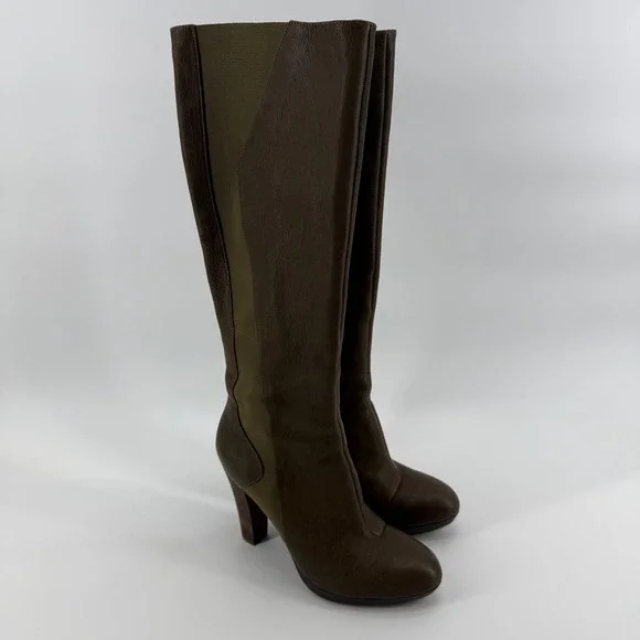 TSUBO Knee High Boots Womens 7 Tarian Olive‎ Green Leather Side Zip Block Heel