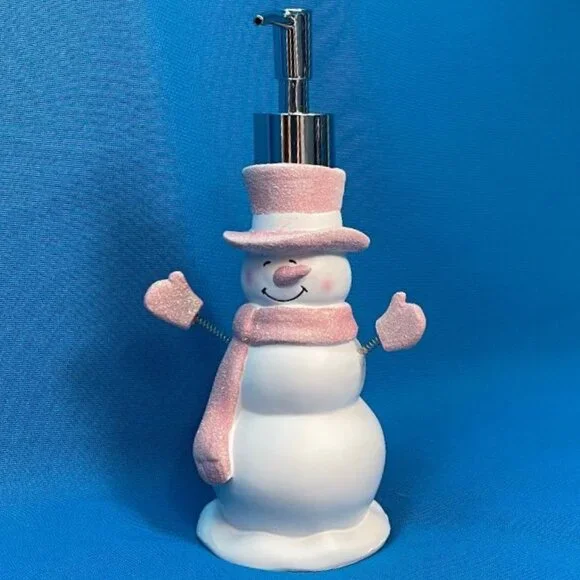 NEW ADORABLE SNOWMAN SOAP / LOTION PUMP DISPENSER WHITE & PINK GLITTER SPARKLE