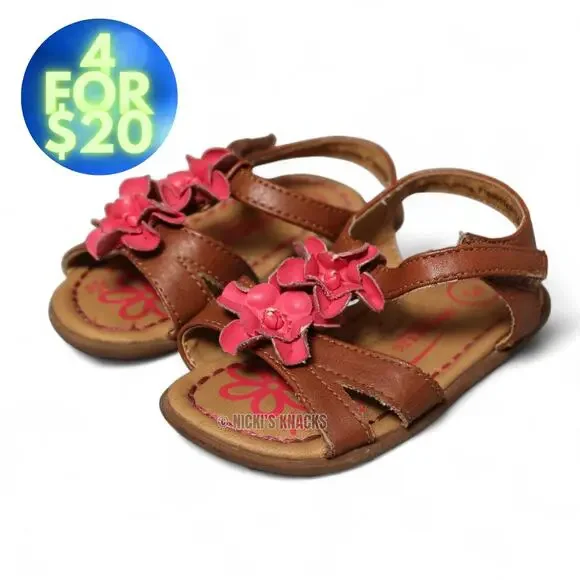 4/$20 Genuine Kids Oshkosh Baby Girls Brown & Pink Floral Strappy Sandals Size 3
