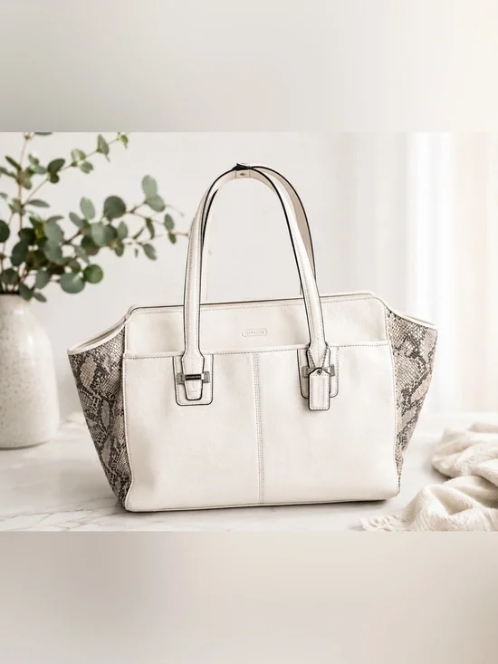 Coach White Leather Satchel Tote w/ Snakeskin Trim Shoulder Bag Structured Class