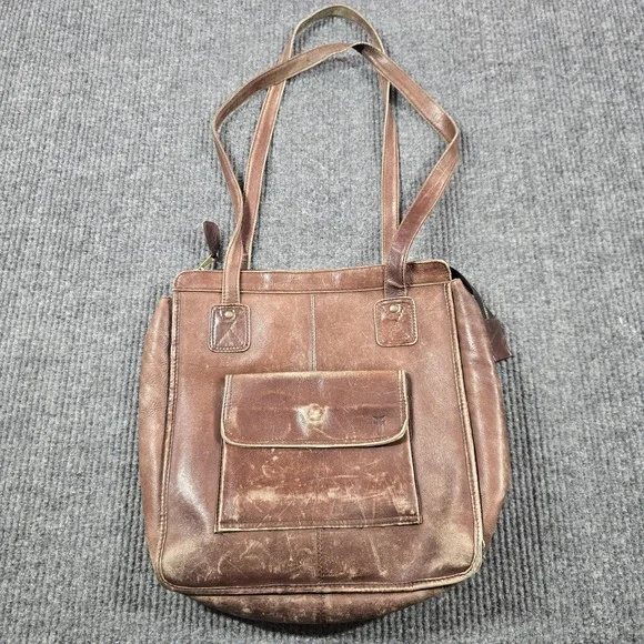 VTG Frye Tote Bag Womens Medium Brown Distressed Leather Zip Closure Coin‎ Purse