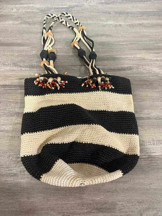 Saddie River Vintage Striped Black & Cream Crochet Beach Tote