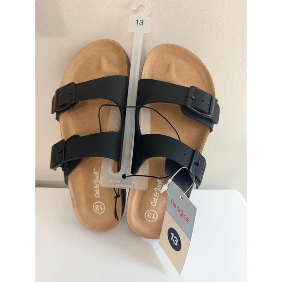 Cat & Jack Sandals Kids Size 13 Black Double Buckle Footbed Slides NWT