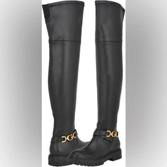 NWOT Guess Jellio Black Over-the-Knee Boots with Gold Accent