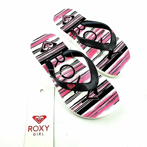Roxy Girl Jujubee II Flip-Flops‎ Sandals Black White Pink Stripe Size 12 NEW
