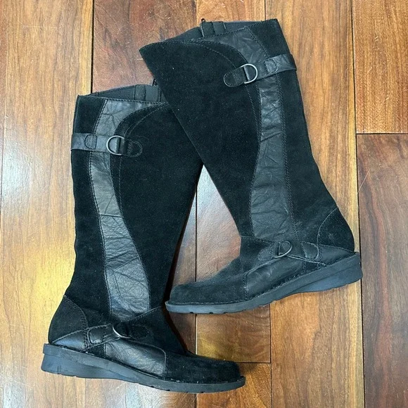Clarks Womens Boots Knee High 7 Black Leather Riding Buckle Suede Wedge Comfort