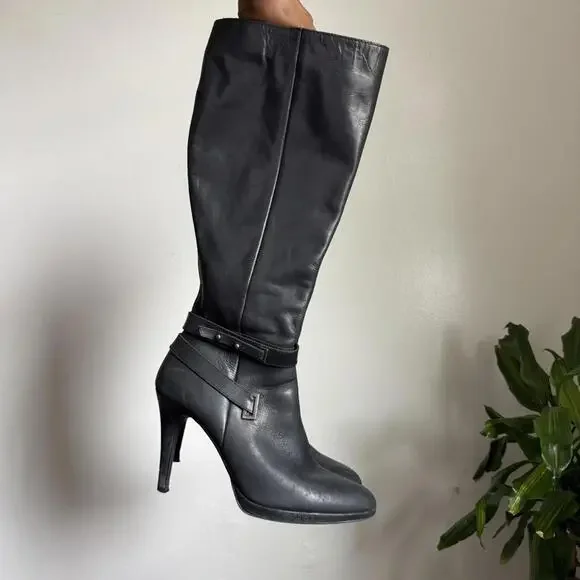Vintage‎ Black knee-high side zip leather boots with side buckle size 10