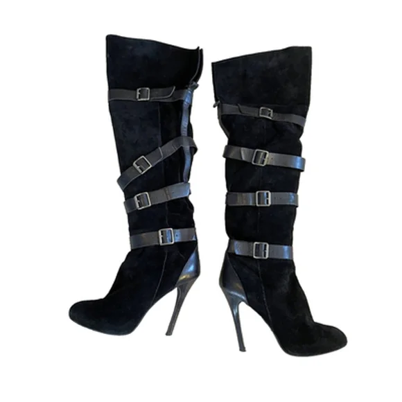 BCBGeneration Black Suede Buckle Accents Over Knee Stiletto Boots Sz 10
