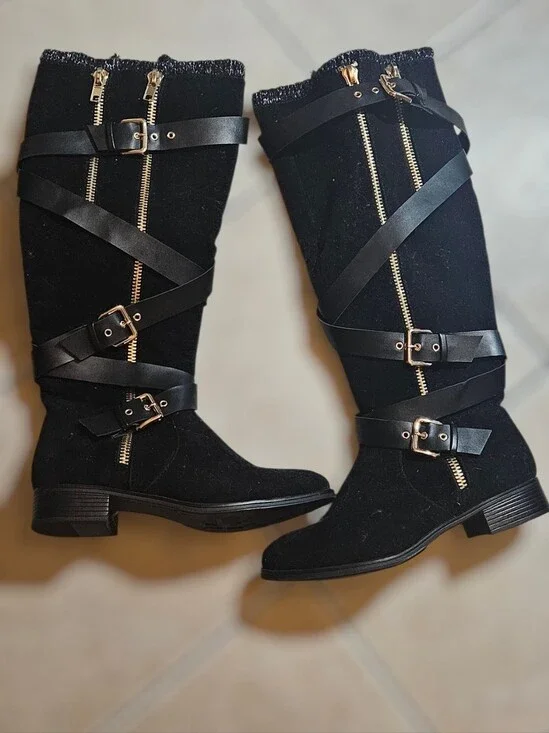 JustFab Black Over-the-Knee Buckle & Gold-Zipper Boots