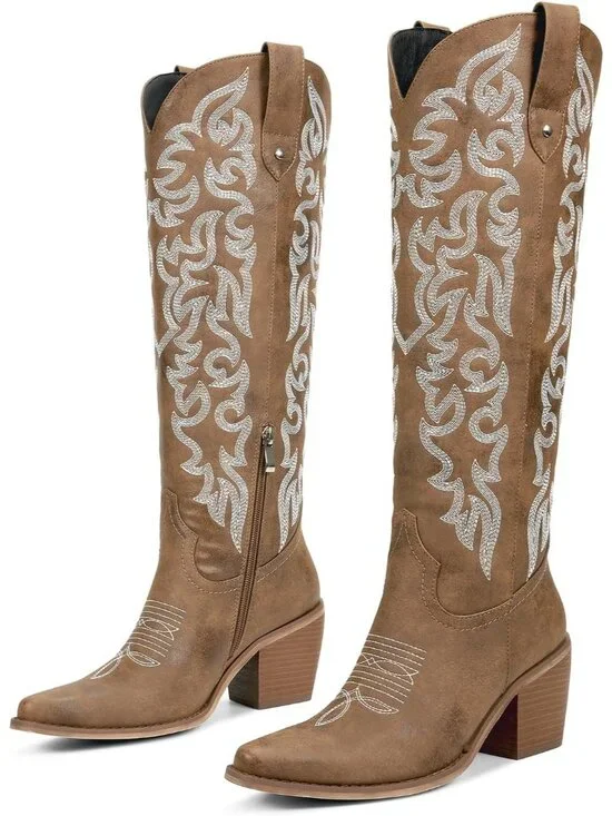Women's Brown Knee High Cowboy Boots Chunky Heel Leather Chunky Heel Pull
