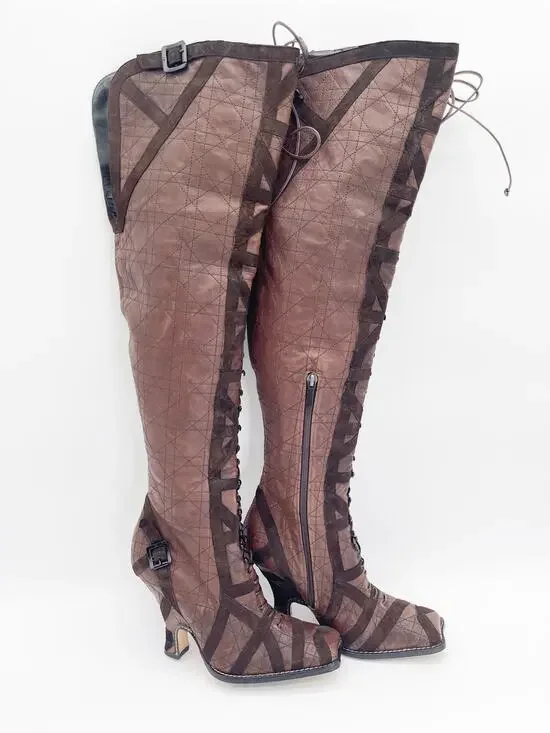 Dior Vintage y2k Galliano Era Brown Cannage Louis XVI OTK Lace Up Boots EU 39