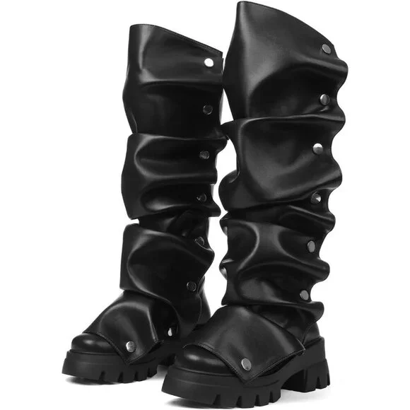 Women's Black Pu Fold Over Knee Slouchy Ruched Stacked Heel Round Toe Boots