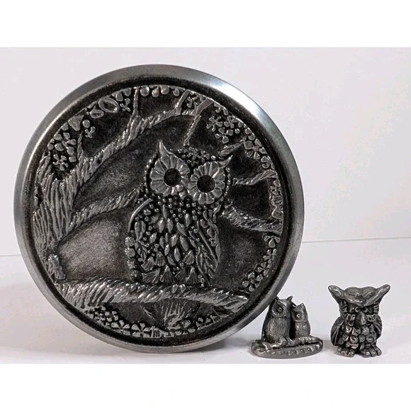 Vintage Pewter/Metal Miniature Owls Lot of 2 Mini Owl Figures, 1 Owl Trinket Box