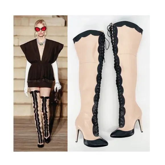 Gucci Harriet Light Rose Black Leather Lace Up Over The Knee Heeled Boots EU 38