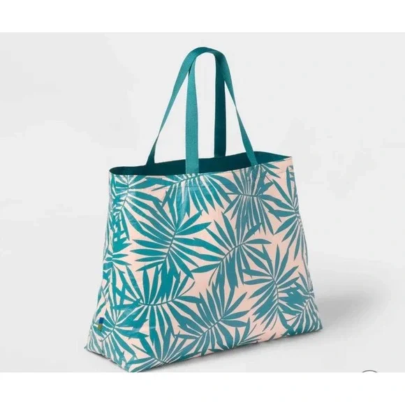 Open Story Reversible Packable‎ Tote Teal Palm Print Large Travel NWT