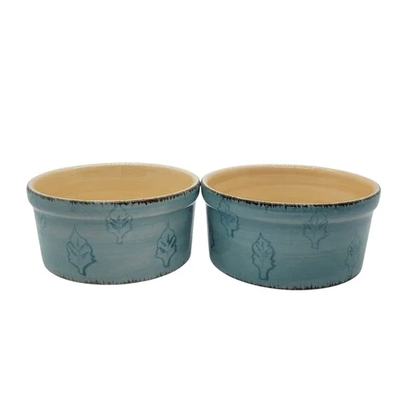 Bella Ceramics Pastis Blue Leaf Ceramic Set of 2 Pet Food Bowls 5 Inch