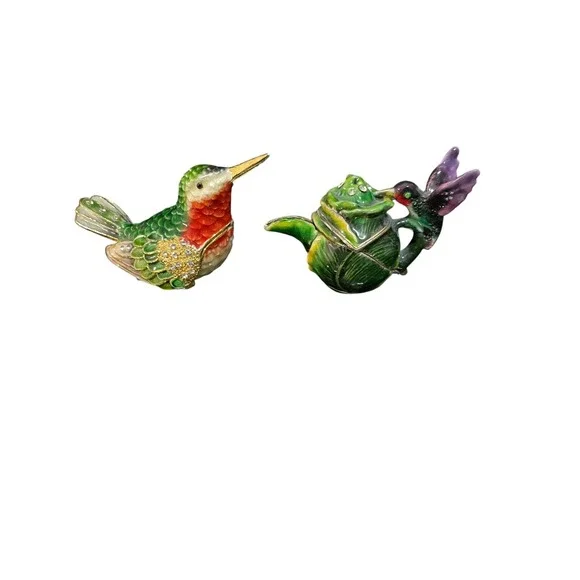 Enamel Trinket Boxes Hummingbird Teapot‎ Bejeweled Mini Boxes Set Of 2