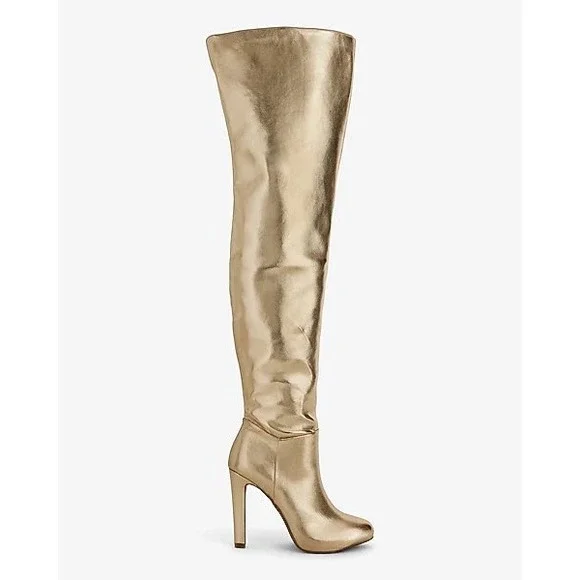 NEW Brian Atwood Express Express Over The Knee Boots‎ Gold Metallic Thigh High 6