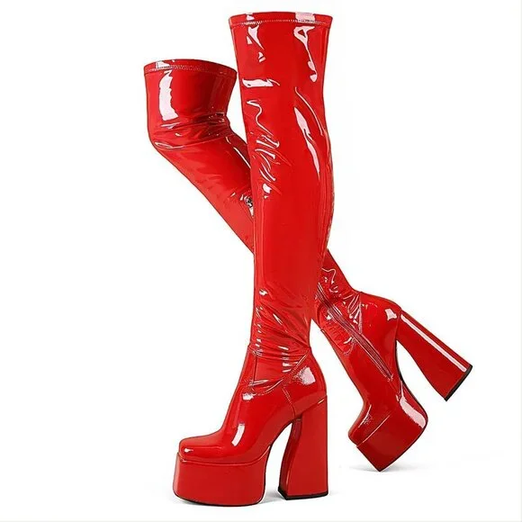 Women Patentred Synthetic Thigh High Boots Chunky Block Heels Over The Knee Boot