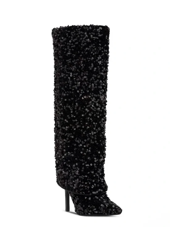 INC Skylar Knee-High Black Sequin Dress Boots, Size 5, NEW in Box