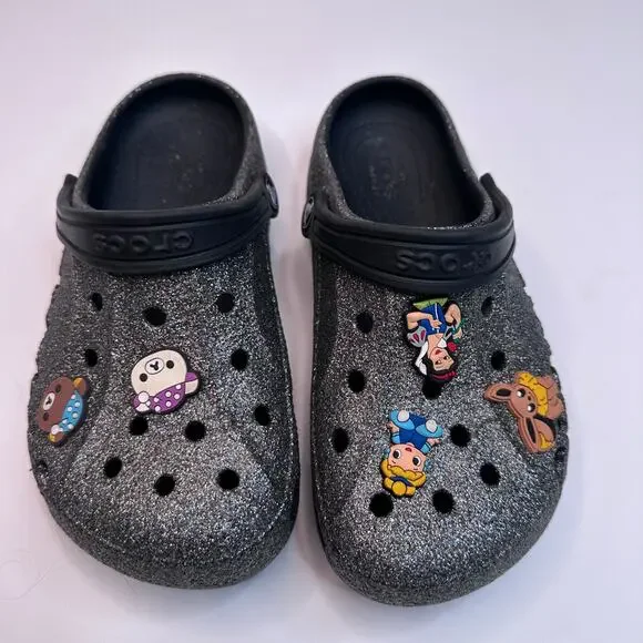 Crocs Black Glitter Jibbits Clogs