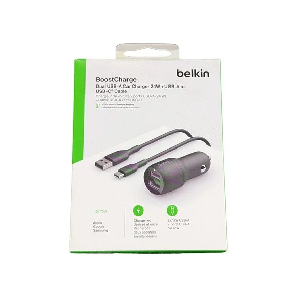 Cc8U‎ Belkin USB-A Dual Car Charger 24W w/ USB-C Cable - Black