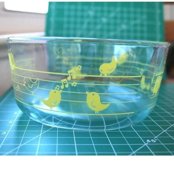 Vintage Pyrex Clear Glass Mixing Bowl Yellow Singing Birds Music Notes 6 Inch
