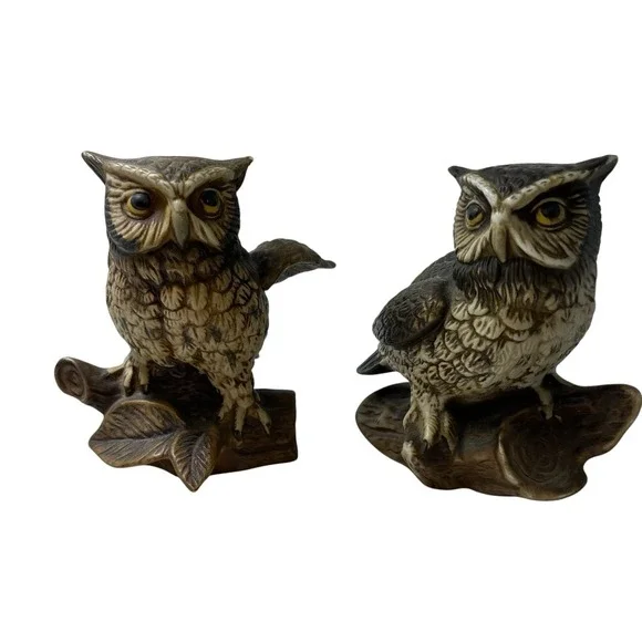 Vintage Homco Porcelain Owl On A Branch Figurines 5 X 4 Inches Set Of 2