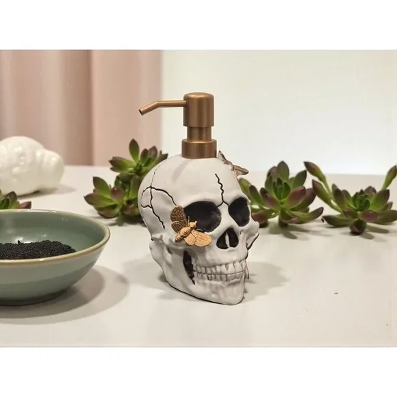 New White Skull W/ Gold Butterflies Halloween Soap Dispenser Spooky Decoration