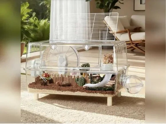 Large Stackable Clear Hamster Cage w/ Wire Top, 2-Tier Plastic/Metal Design